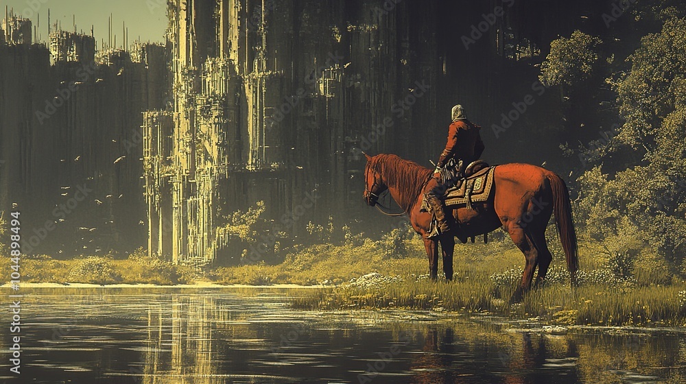 Obraz premium Fantasy Landscape with Horse Rider and Ancient Ruins