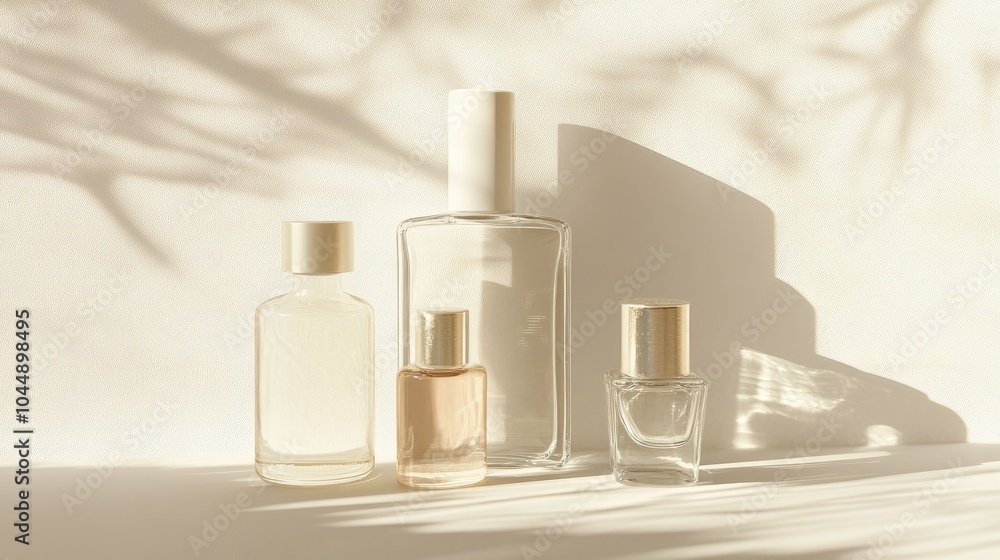 Elegant Display of Fragrance Bottles with Soft Shadows Elegant Display of Fragrance Bottles with Soft Shadows