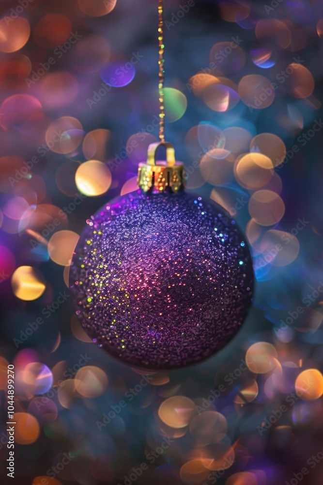 Fototapeta premium A purple glass ball ornaments hangs from a decorated Christmas tree branch