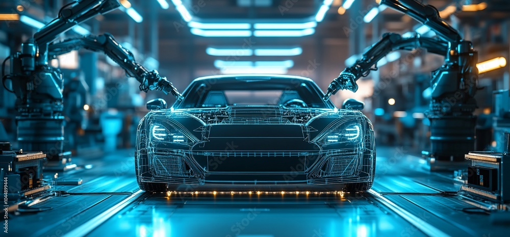 A futuristic car being assembled on an automated production line with robotic arms. A futuristic car being assembled on an automated production line with robotic arms.