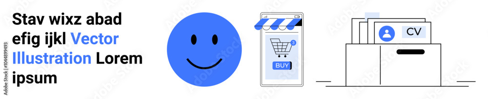 Simplified image featuring a happy face, a shopping cart icon on a storefront, and organized documents labeled CV in a drawer. Ideal for online shopping, digital marketing, e-commerce, document Simplified image featuring a happy face, a shopping cart icon on a storefront, and organized documents labeled CV in a drawer. Ideal for online shopping, digital marketing, e-commerce, document