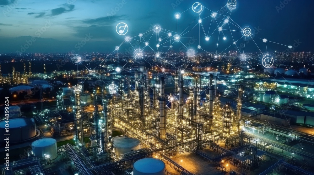 Fototapeta premium Industrial IoT (IIoT): Smart factory with connected machines transmitting real-time data