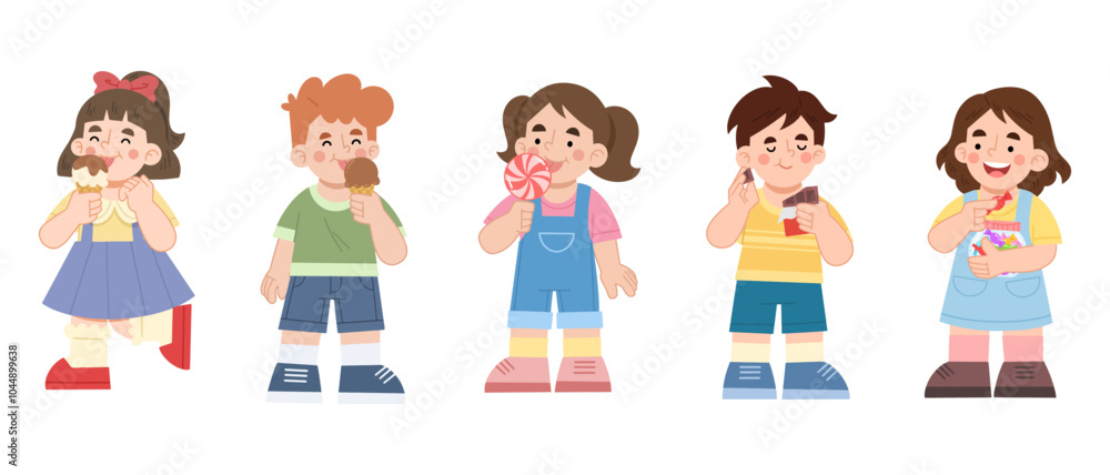 Vector illustration set of children with sweet dessert snacks Vector illustration set of children with sweet dessert snacks