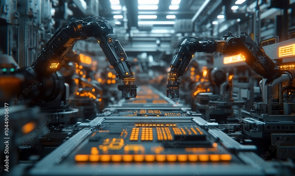A futuristic factory assembly line with robotic arms working together to manufacture products. A futuristic factory assembly line with robotic arms working together to manufacture products.