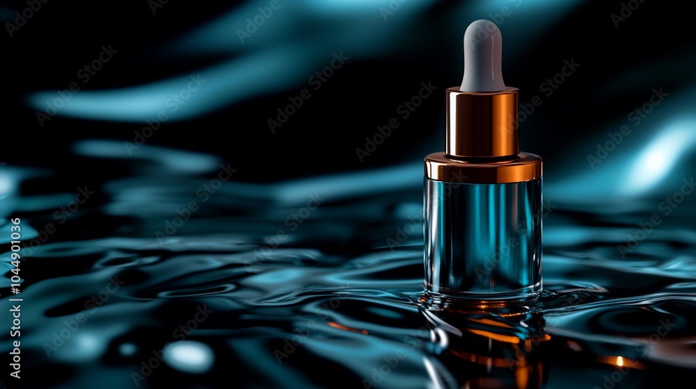 A glass dropper bottle with a gold cap sits on a rippling blue surface. A glass dropper bottle with a gold cap sits on a rippling blue surface.