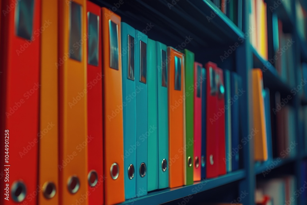 A bookshelf filled with various colored binders, perfect for organizing and decorating any room A bookshelf filled with various colored binders, perfect for organizing and decorating any room