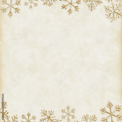 Gold snowflake border on vintage parchment background. Space for text