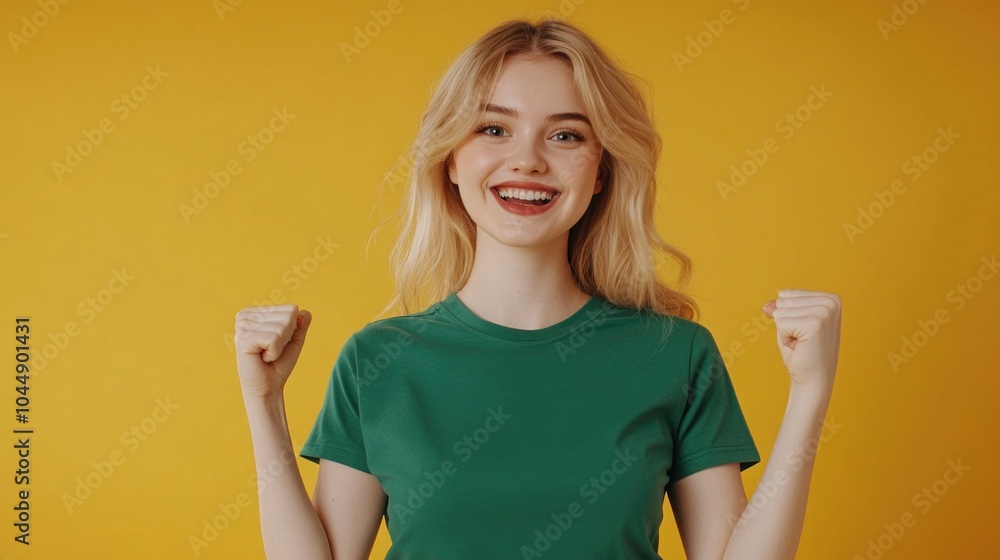 A woman wearing a green shirt raises her fists in defiance or passion, suitable for use as a symbol of empowerment or motivation A woman wearing a green shirt raises her fists in defiance or passion, suitable for use as a symbol of empowerment or motivation