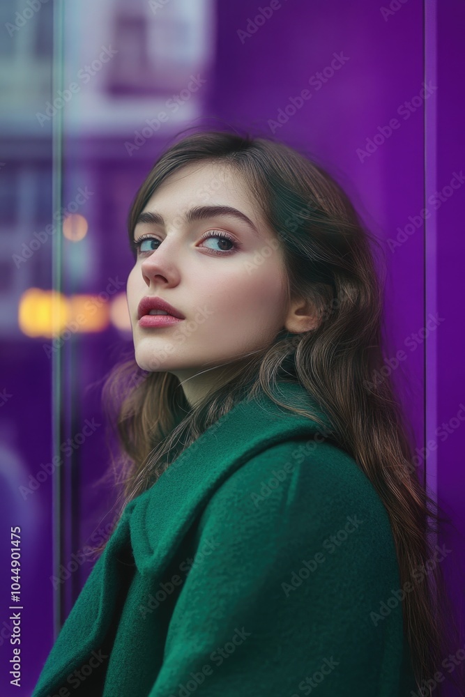 A woman wearing a green coat looks out of a window, possibly contemplating or observing something A woman wearing a green coat looks out of a window, possibly contemplating or observing something