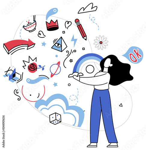 Thinking vector illustration. In theater contemplation, intelligence is lead actor, delivering captivating performance creative thinking Brainstorming is canvas, where brushstrokes thoughtful