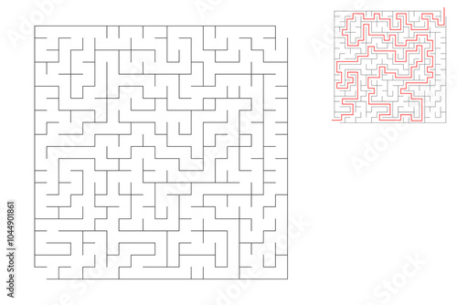 The square maze has an entrance and an exit. Maze with the answer, the path of passage.