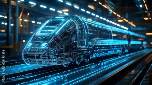 A futuristic high-speed train is rendered in a digital wireframe style, with glowing blue lines.