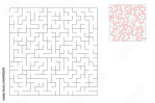 The square maze has an entrance and an exit. Maze with the answer, the path of passage.