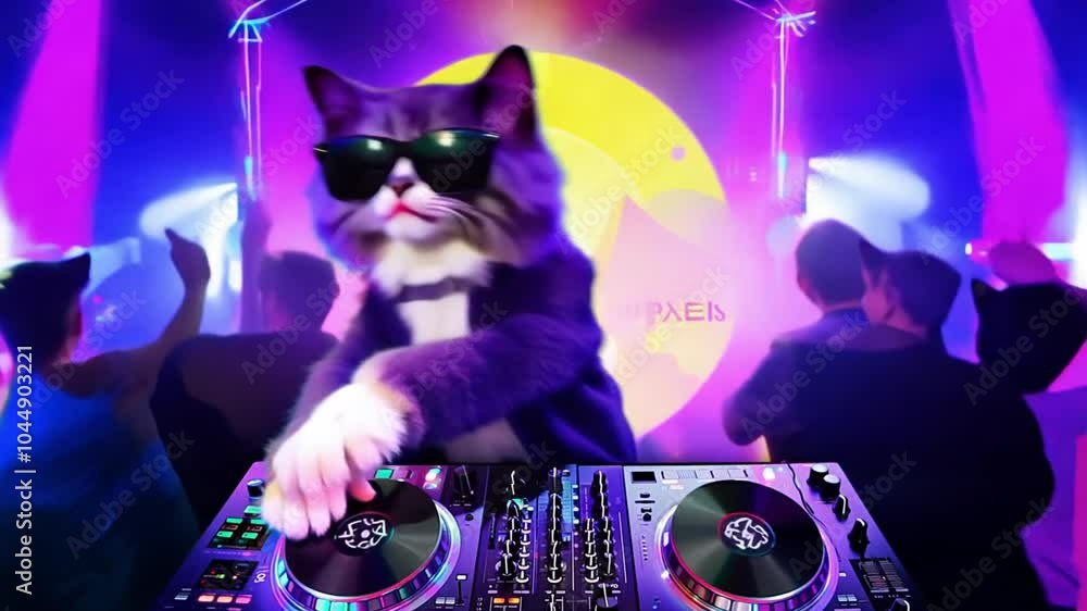 Confident cat dj in a suit, wearing sunglasses and headphones, is mixing music on a dj deck in a nightclub atmosphere with blue stage lights and smoke