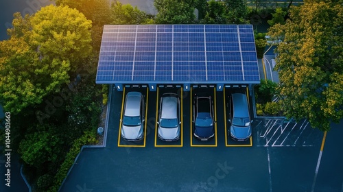 Solar Electric Vehicle Charging Station: Electric vehicles are charged using solar panels mounted on the roof. photo