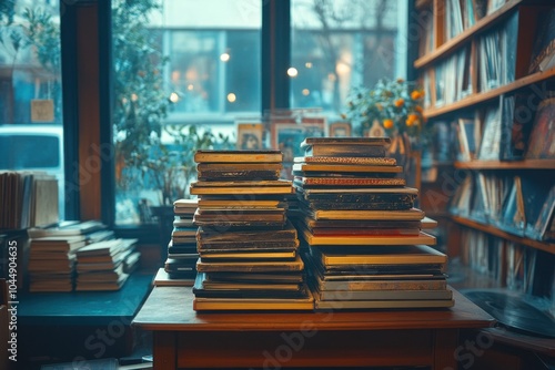 Books stacked on a table in a library with a window photo