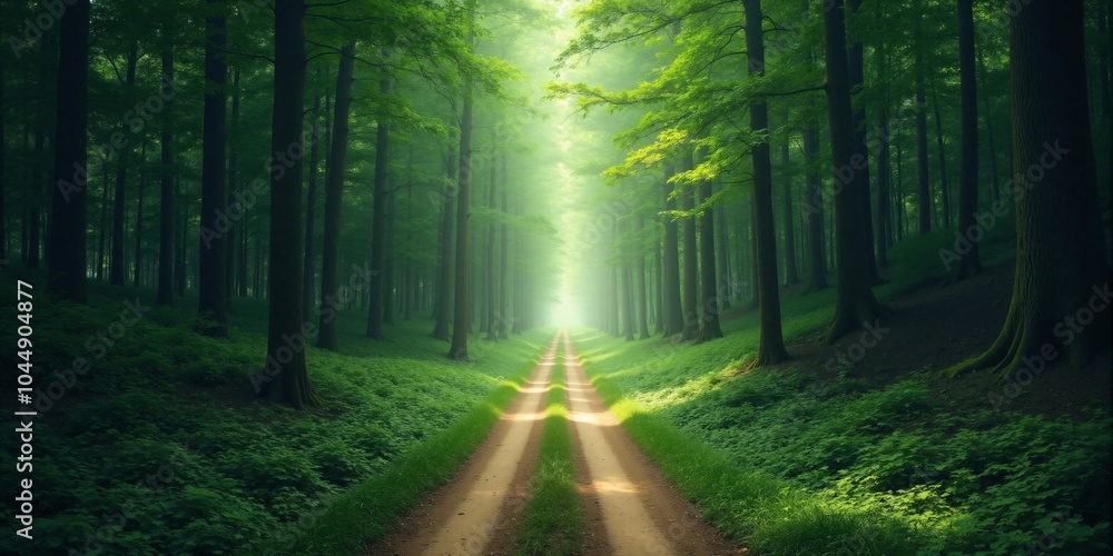Obraz premium Sunlit Path Through Dense Green Forest