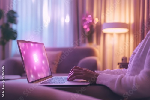 Wallpaper Mural A person working on a laptop in a cozy living room with purple lighting Torontodigital.ca