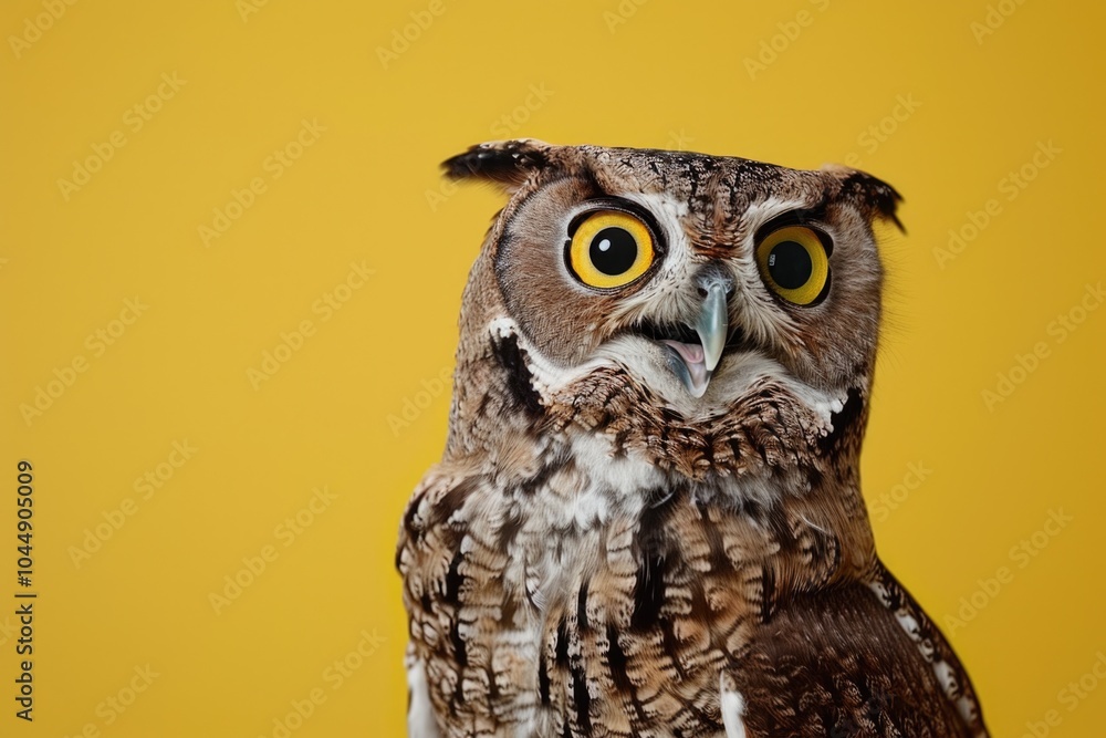 Close-up shot of an owl on a yellow background Close-up shot of an owl on a yellow background