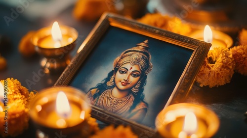 Close-up of framed Goddess Lakshmi picture with glowing oil lamps and marigold garlands, creating a peaceful and divine atmosphere with soft, warm light. Diwali photo