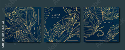 Vector set of gold leaf floral backgrounds. Line luxury plant nature ornament, vintage foliage ornament. Premium branch illustration