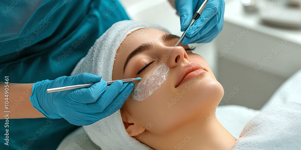 A cosmetologist in blue gloves performs a facial peeling treatment on a relaxed woman in a spa setting. The woman has her eyes closed, enjoying the skincare procedure. A cosmetologist in blue gloves performs a facial peeling treatment on a relaxed woman in a spa setting. The woman has her eyes closed, enjoying the skincare procedure.