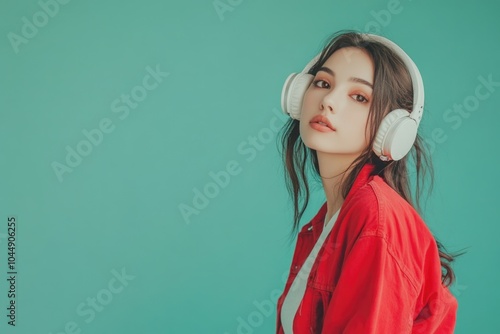 A woman wearing headphones and a red jacket stands in a pose, possibly in an urban or outdoor setting