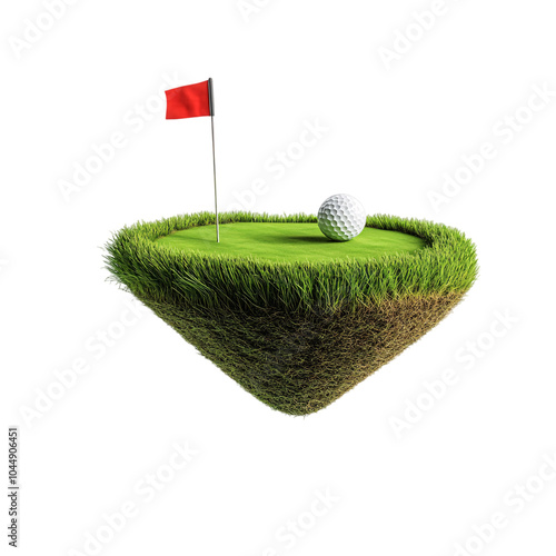 A golf ball and a red flag sitting on an isolated cone shaped golf grass ground in isolated background