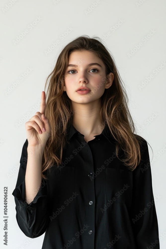 A woman holds up her index finger in a gesture of pointing or emphasis A woman holds up her index finger in a gesture of pointing or emphasis