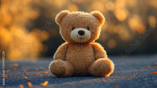 Adorable Cute Plush teddy bear	 sitting alone evoking feelings of warmth, comfort, and nostalgia in a serene indoor setting