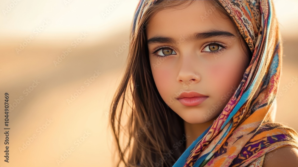 Golden Hour Girl: Portrait of a young girl with captivating eyes, wearing a colorful headscarf, bathed in the warm glow of sunset. Golden Hour Girl: Portrait of a young girl with captivating eyes, wearing a colorful headscarf, bathed in the warm glow of sunset.