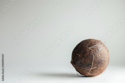 A single coconut sitting on a clean white surface