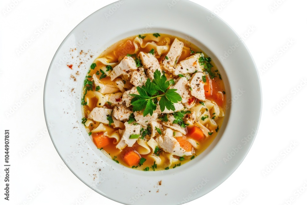 Warm bowl of chicken noodle soup with carrots and parsley, perfect for comfort food or healthcare setting Warm bowl of chicken noodle soup with carrots and parsley, perfect for comfort food or healthcare setting