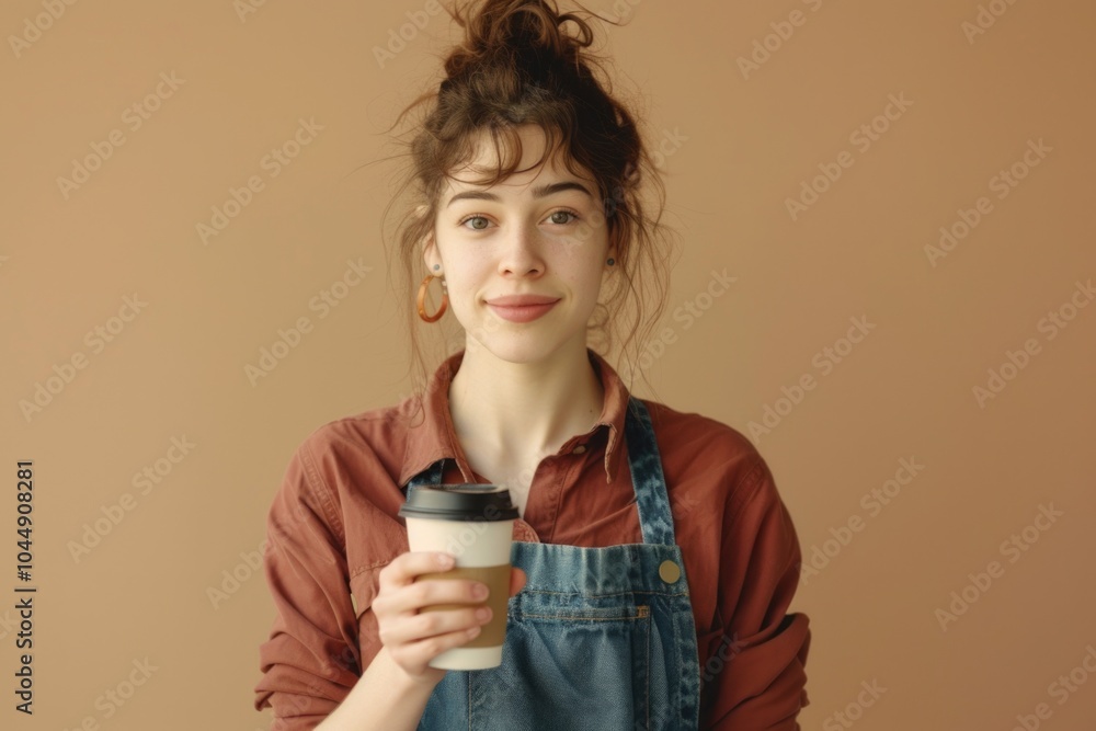 A woman holds a cup of coffee in overalls A woman holds a cup of coffee in overalls