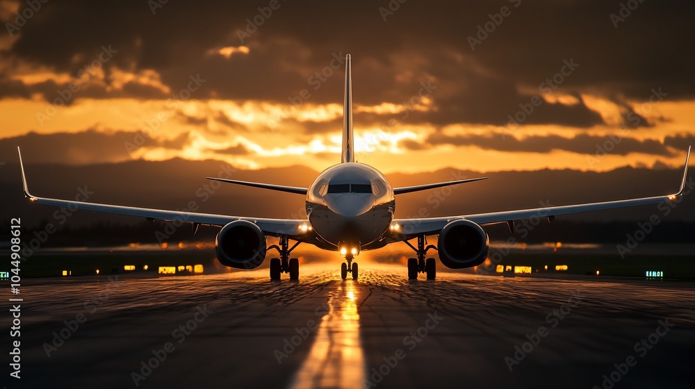 Airplane taxiing on runway at sunset with dramatic clouds. Airplane taxiing on runway at sunset with dramatic clouds.