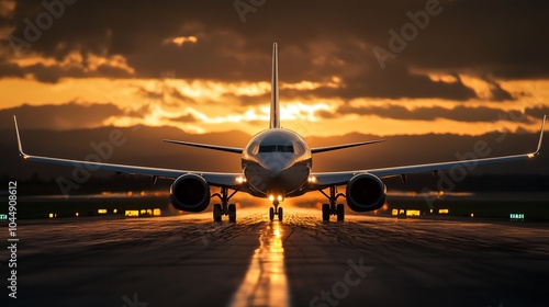 Airplane taxiing on runway at sunset with dramatic clouds.