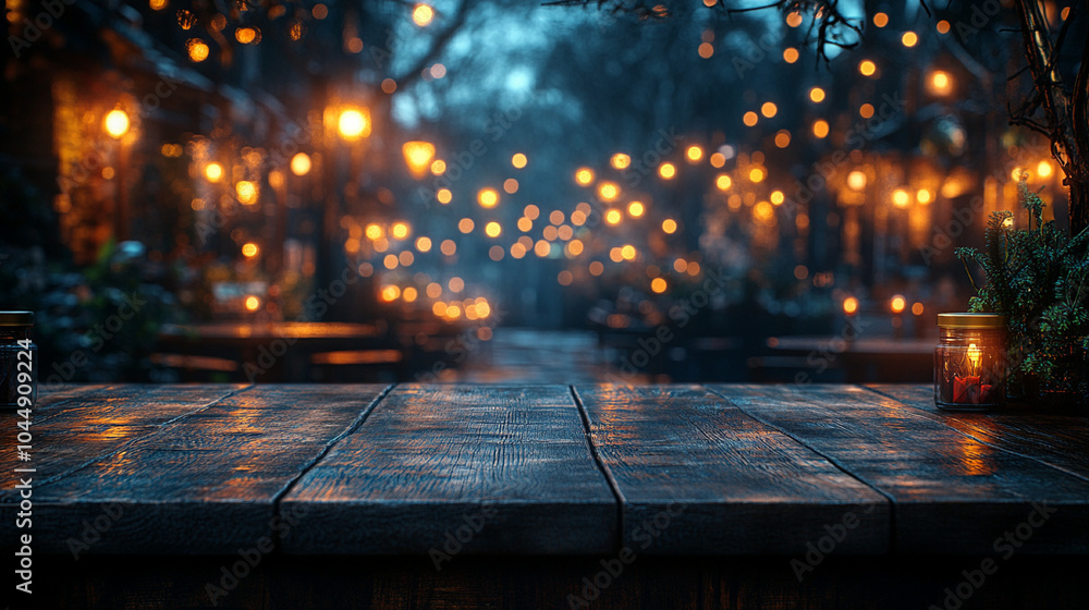 empty brown wooden floor or wood board table against blurred abstract night light bokeh background, for display products or presentation empty brown wooden floor or wood board table against blurred abstract night light bokeh background, for display products or presentation