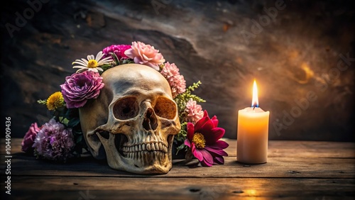 Skull with flowers and candle in background