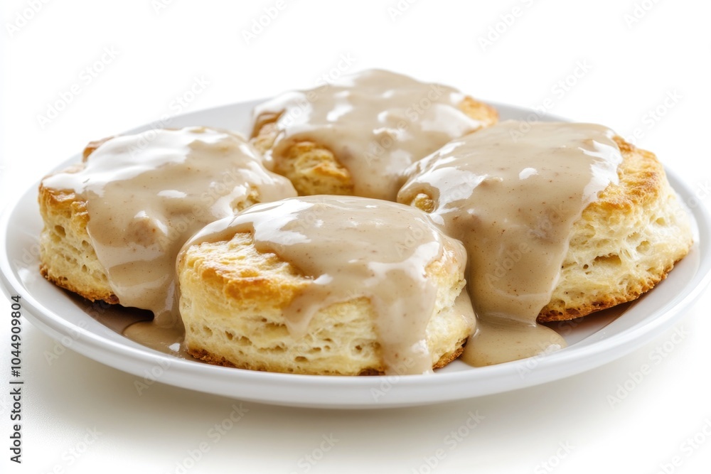 A plate of warm biscuits smothered in savory gravy, perfect for breakfast or brunch A plate of warm biscuits smothered in savory gravy, perfect for breakfast or brunch