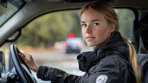 A young woman wearing a jacket, seated in a car, looking confidently out the window, capturing her poised demeanor in a modern setting.