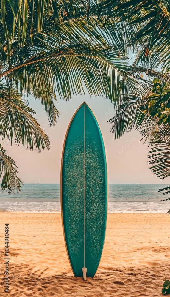 Teal Surfboard Standing on Golden Sandy Beach Framed with Lush Green Palm Trees, Vacation Vibe Teal Surfboard Standing on Golden Sandy Beach Framed with Lush Green Palm Trees, Vacation Vibe