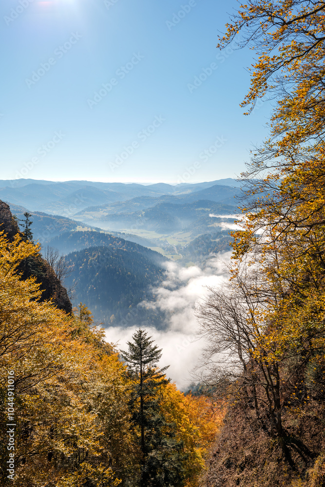 Beautiful autumn mountain landscape framed by colorful autumn trees. Pieniny Mountains. View from the trail to the Trzy Korony peak. Sromowce Nizne, Poland. Vertical