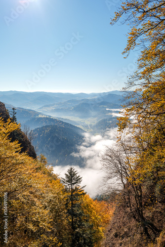 Obraz na płótnie Beautiful autumn mountain landscape framed by colorful autumn trees. Pieniny Mountains. View from the trail to the Trzy Korony peak. Sromowce Nizne, Poland. Vertical w salonie