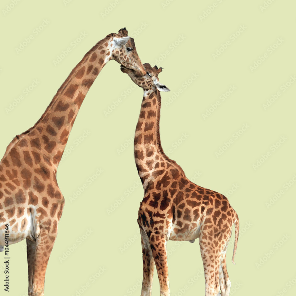 Naklejka premium 2 giraffes in love, kissing tenderly on yellow background.