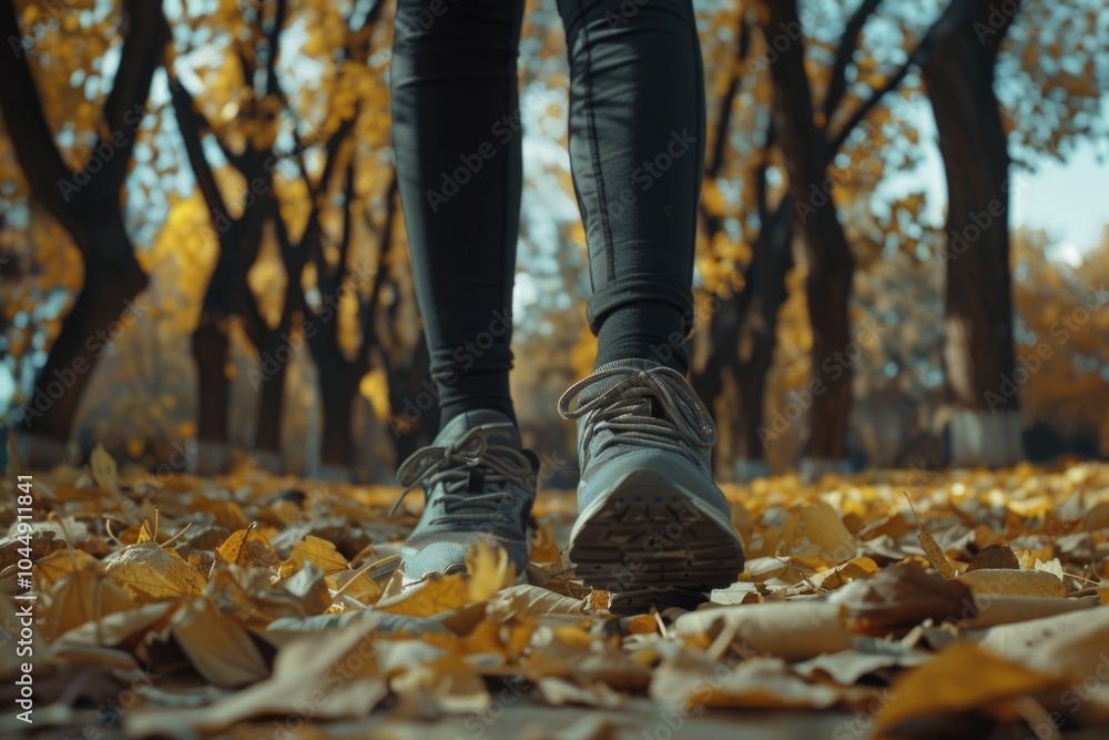 A person's footwear stands out against a natural backdrop of autumn leaves, perfect for use in outdoor or nature-inspired contexts A person's footwear stands out against a natural backdrop of autumn leaves, perfect for use in outdoor or nature-inspired contexts