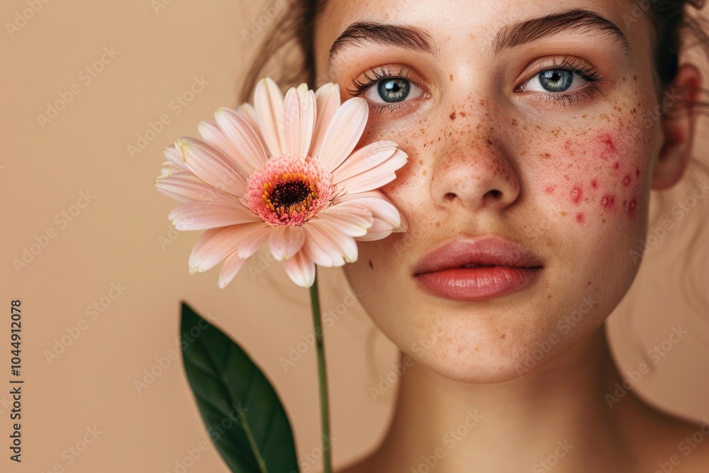 A close-up of a woman's face with freckles, holding a single flower A close-up of a woman's face with freckles, holding a single flower