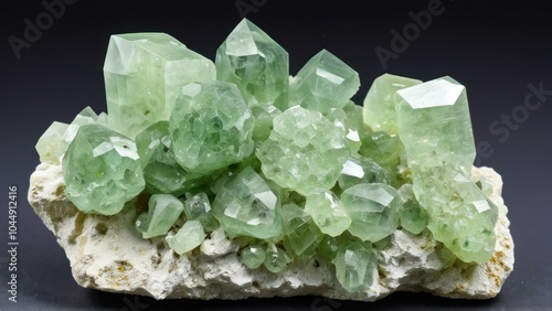 Light green prehnite crystal formation in natural light. High-resolution macro photograph showing translucent botryoidal surface texture and delicate crystal clusters. Professional mineral photography photo