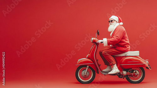 A playful, full-length image of Santa Claus riding a red scooter against a red background. Santa wears sunglasses, giving a modern twist to the classic holiday character.