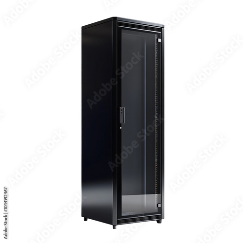 An empty tall black server cabinet with a glass window on an isolated background