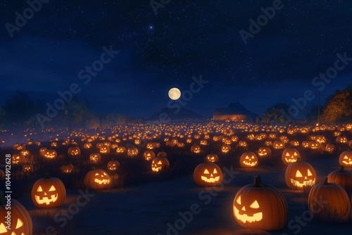 scary halloween background wallpaper with pumpkin graves and bats in moonlight photo